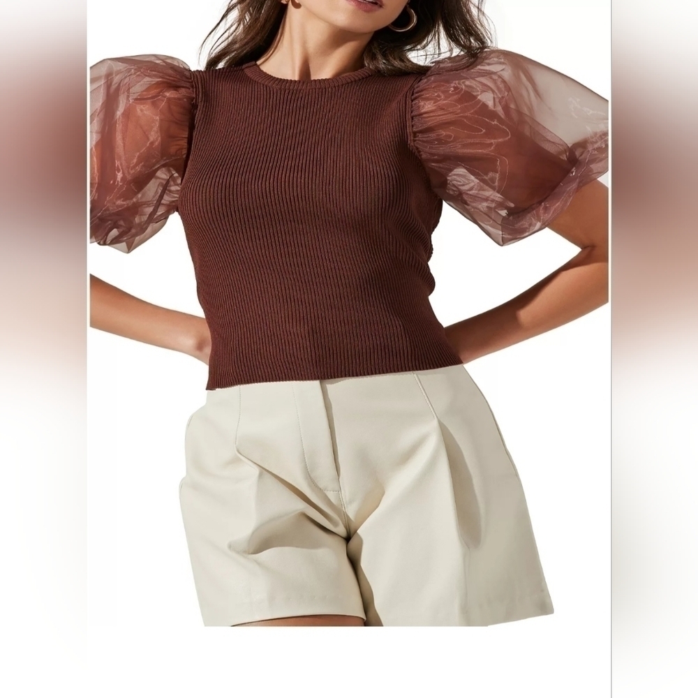 Artr Women's Avery Puff-Sleeve Open-Back Top size large and xl brown